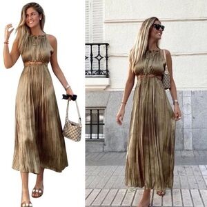 Zara Bronze Gold Satin Front Cut Out Crinkle Cut Tie Maxi Dress